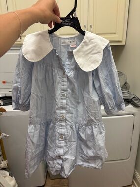 Zara Light Blue Striped Button-Front Dress with White Peter Pan Collar